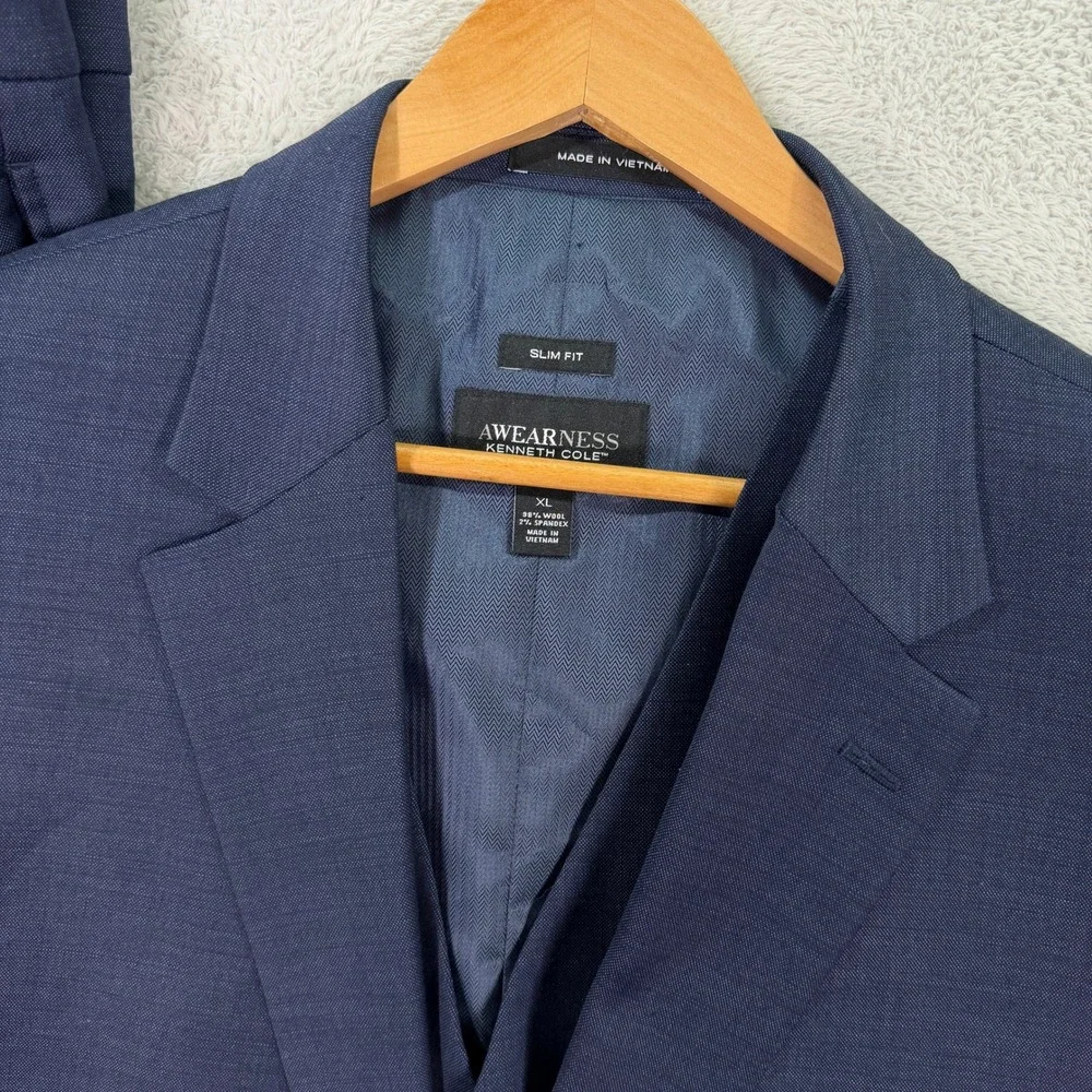 Awearness Kenneth Cole Mens 46L 3-Piece Suit Vest Blue Slim Fit Wool Blend 36x31 - Picture 3 of 16